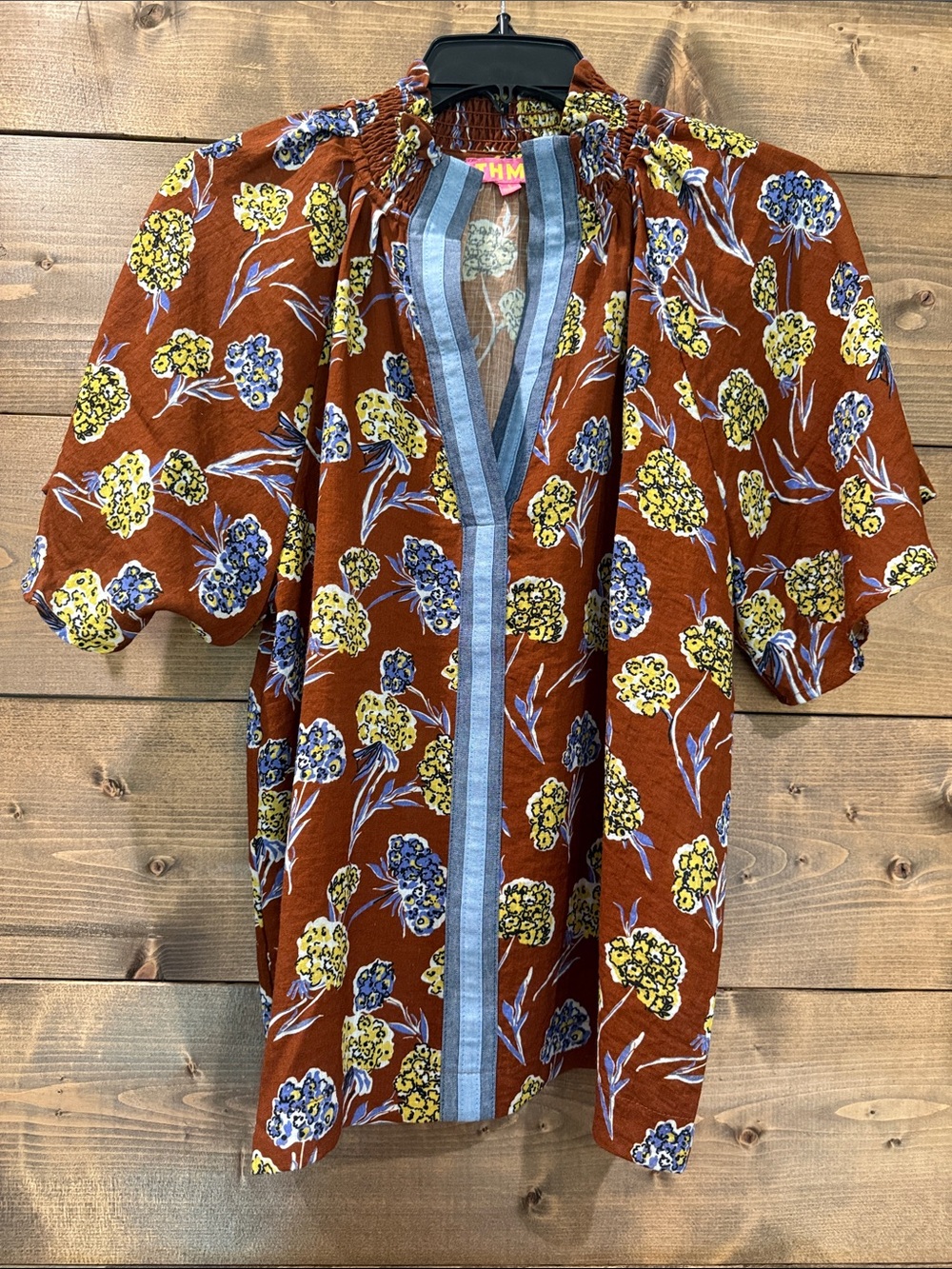 THML Rust Floral Smocked Neck V-Front Blouse